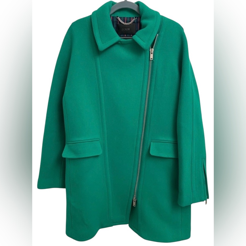 J Crew Women’s Wool Blend Emerald Green Long Two Way Zip Coat Jacket Size 12